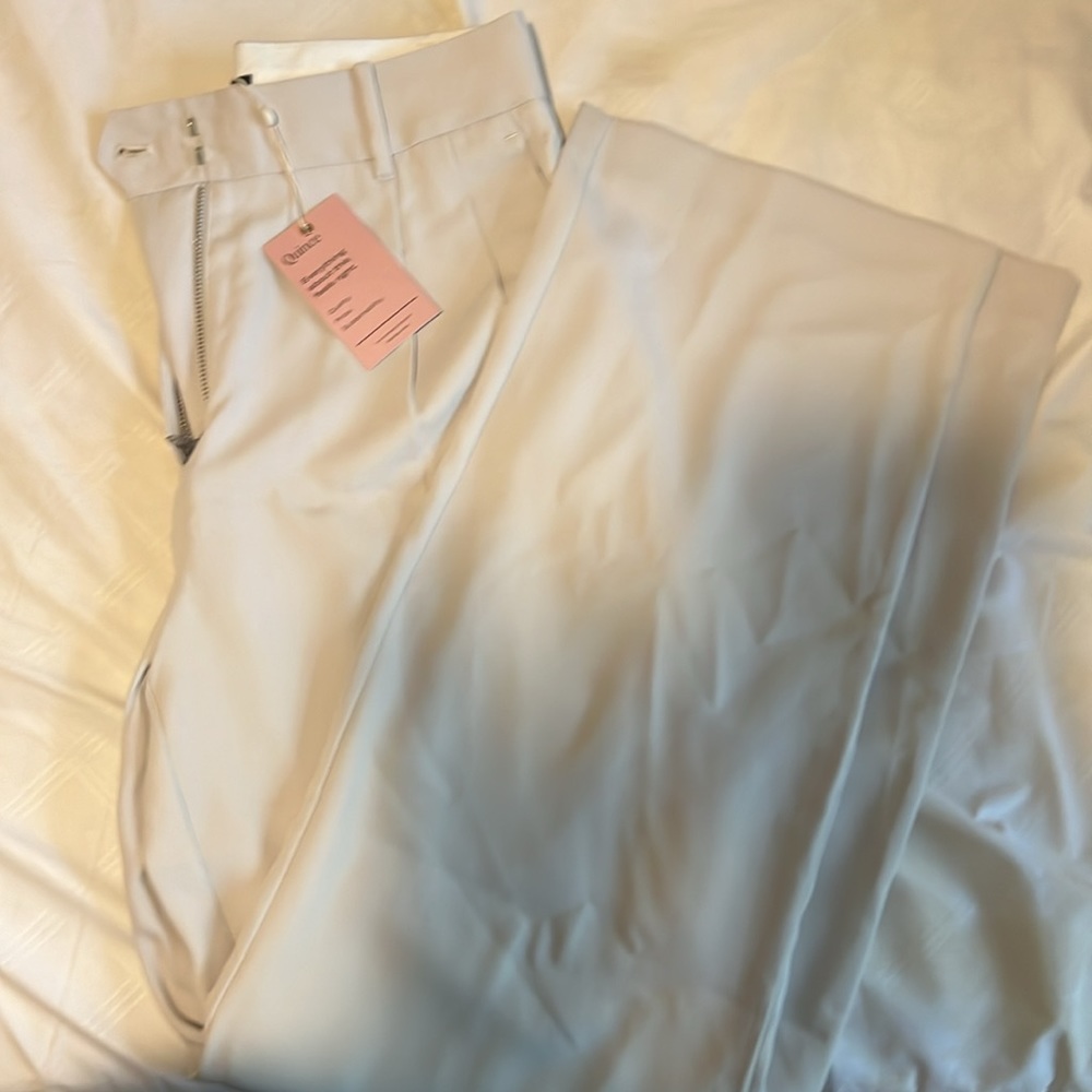Quince | NEW Stretch Crepe Pleated Wide Leg Trouser Pant in Sand Cream Size M